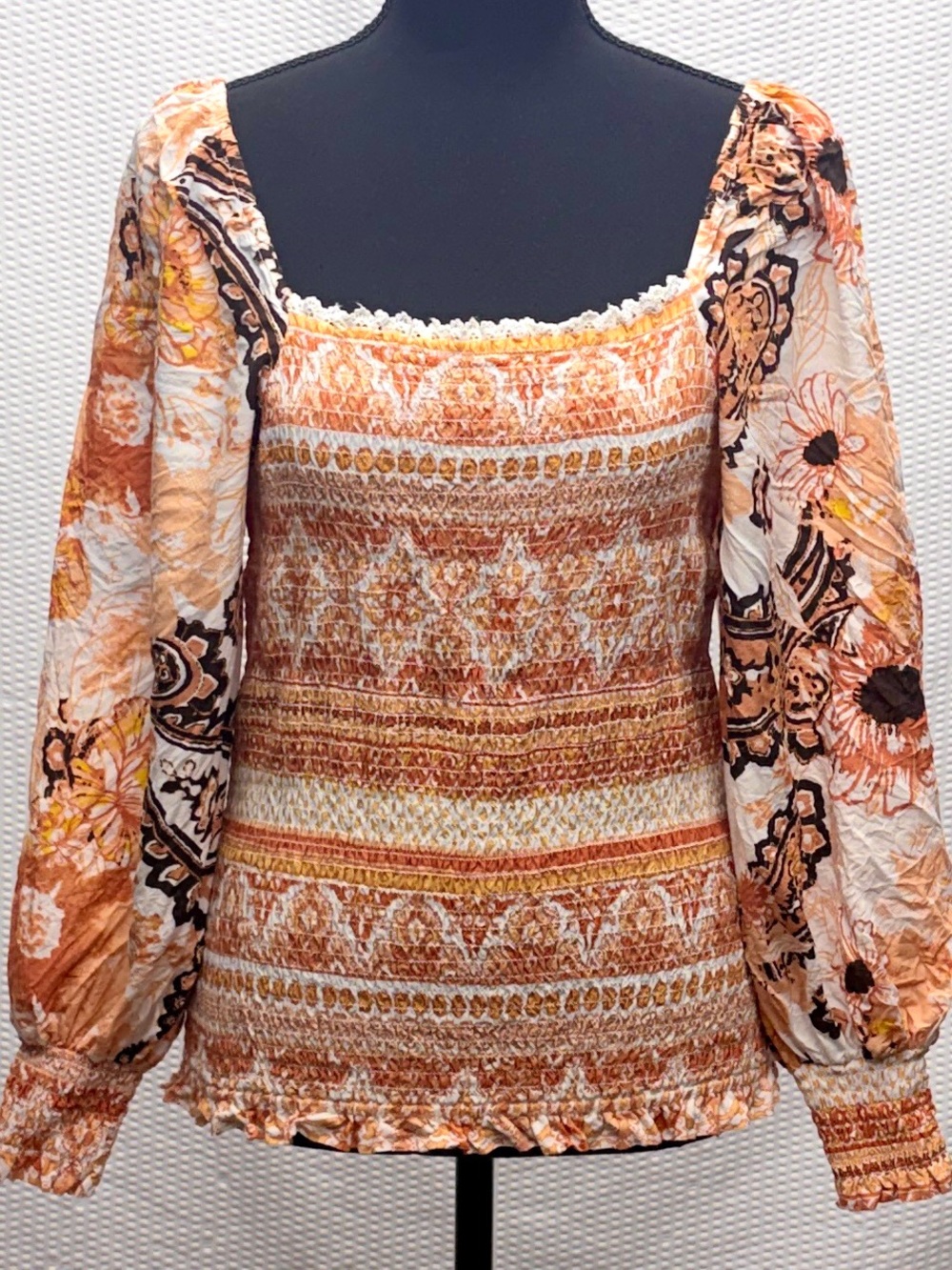 Cato Smocked Crop Blouse Womens M Boho Floral Paisley Balloon Sleeve